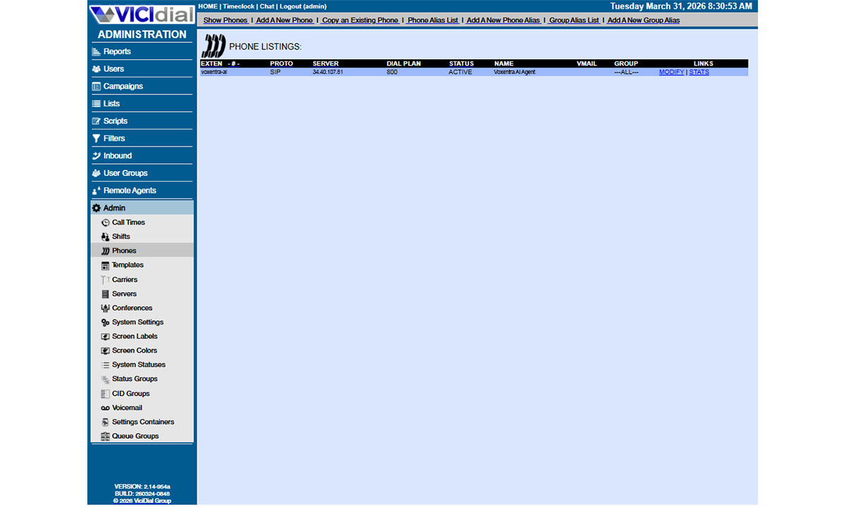VICIdial Phones list showing voxentra-ai extension
