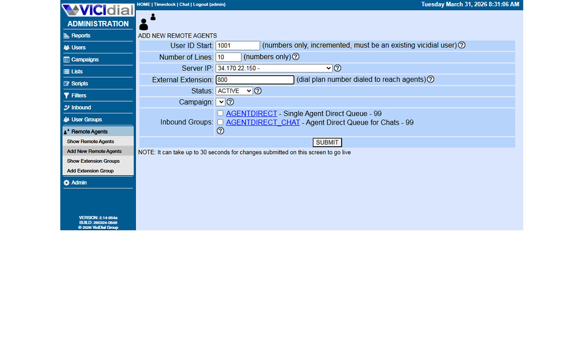 Remote Agent form filled with 1001, 10 lines, 800, ACTIVE